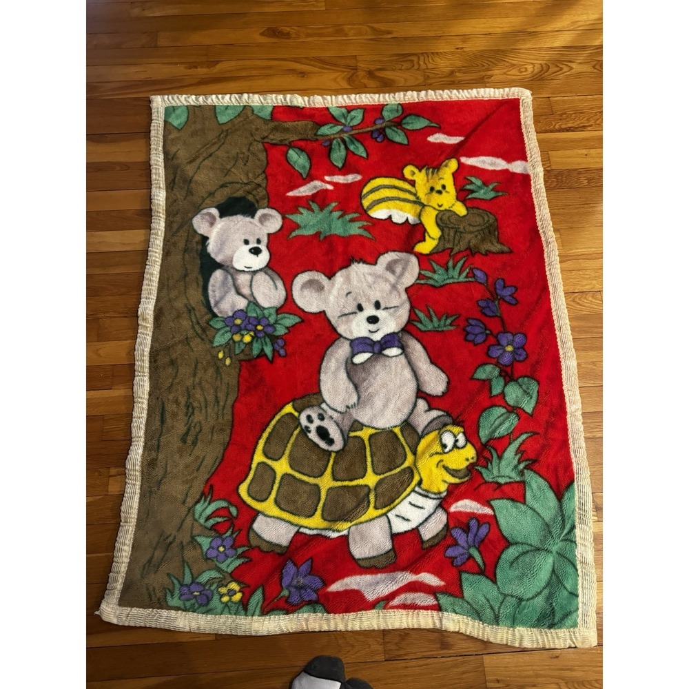 Vtg Reversible‎ Minky Plush Blanket Bear Floral Outdoor Scene Crib Baby Korea?